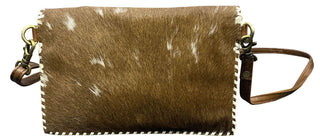 Leather Hair on Cowhide crossbody bag with white whipstitching