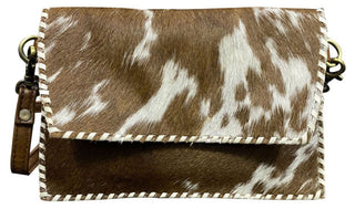 Leather Hair on Cowhide crossbody bag with white whipstitching